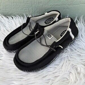 HEYDUDE Wally Boys Slip-On Loafers Black/Gray Mesh Comfort Shoes Size 5